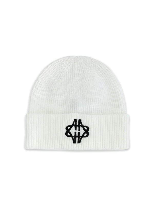 Fluffy Emblem White Knitted Beanie