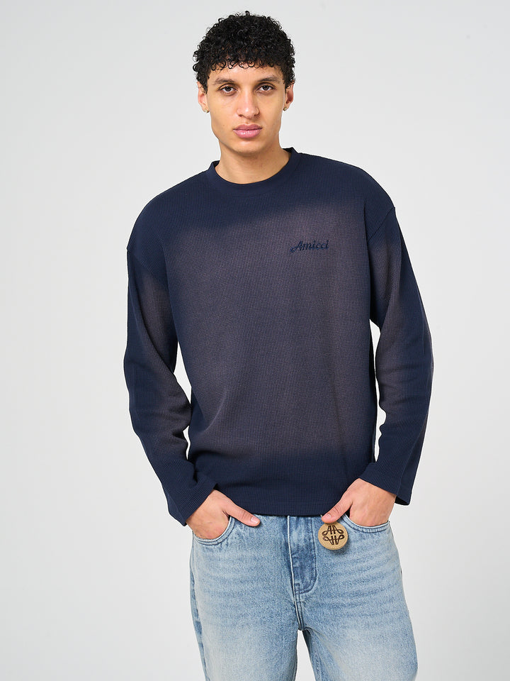 Pandan Navy Waffle Long Sleeve T Shirt
