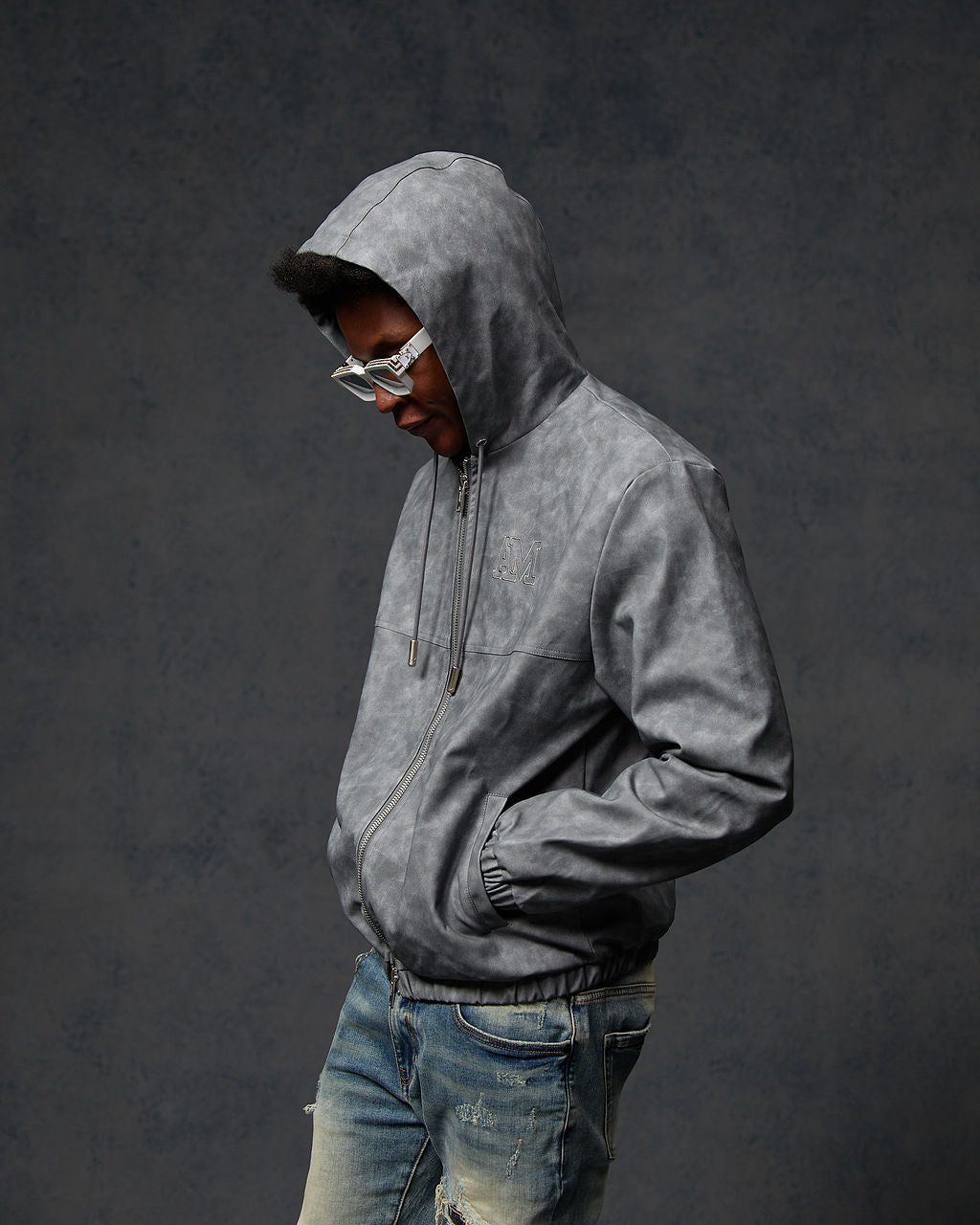 Rafel Leren Rits Hoodie Grijs
