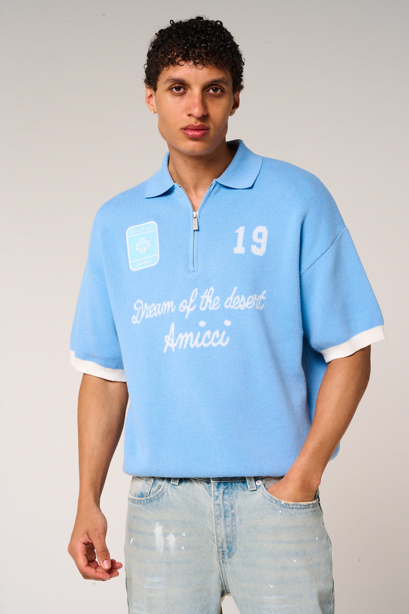 Reno Knitted Zip Polo Blue