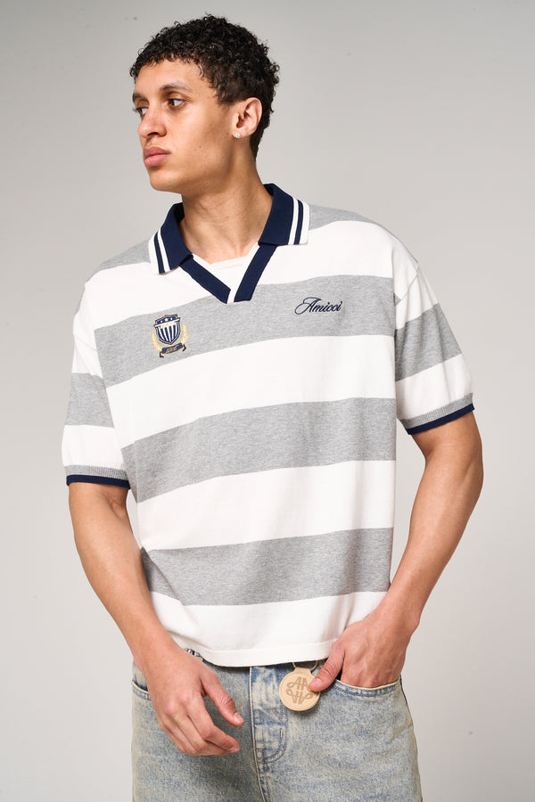 Avendia Striped Knitted Polo Grey