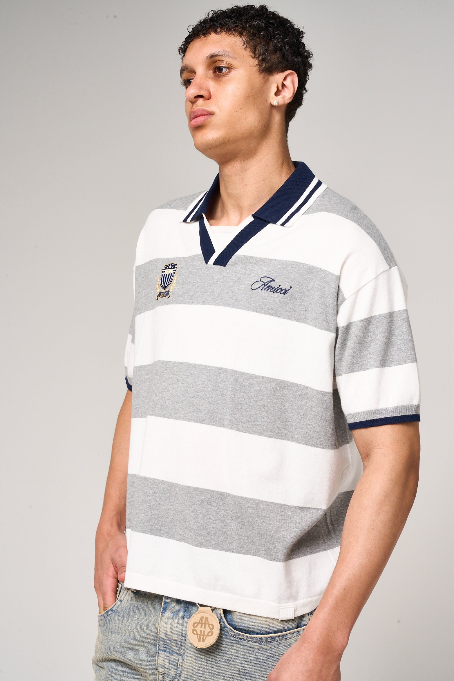 Avendia Striped Knitted Polo Grey