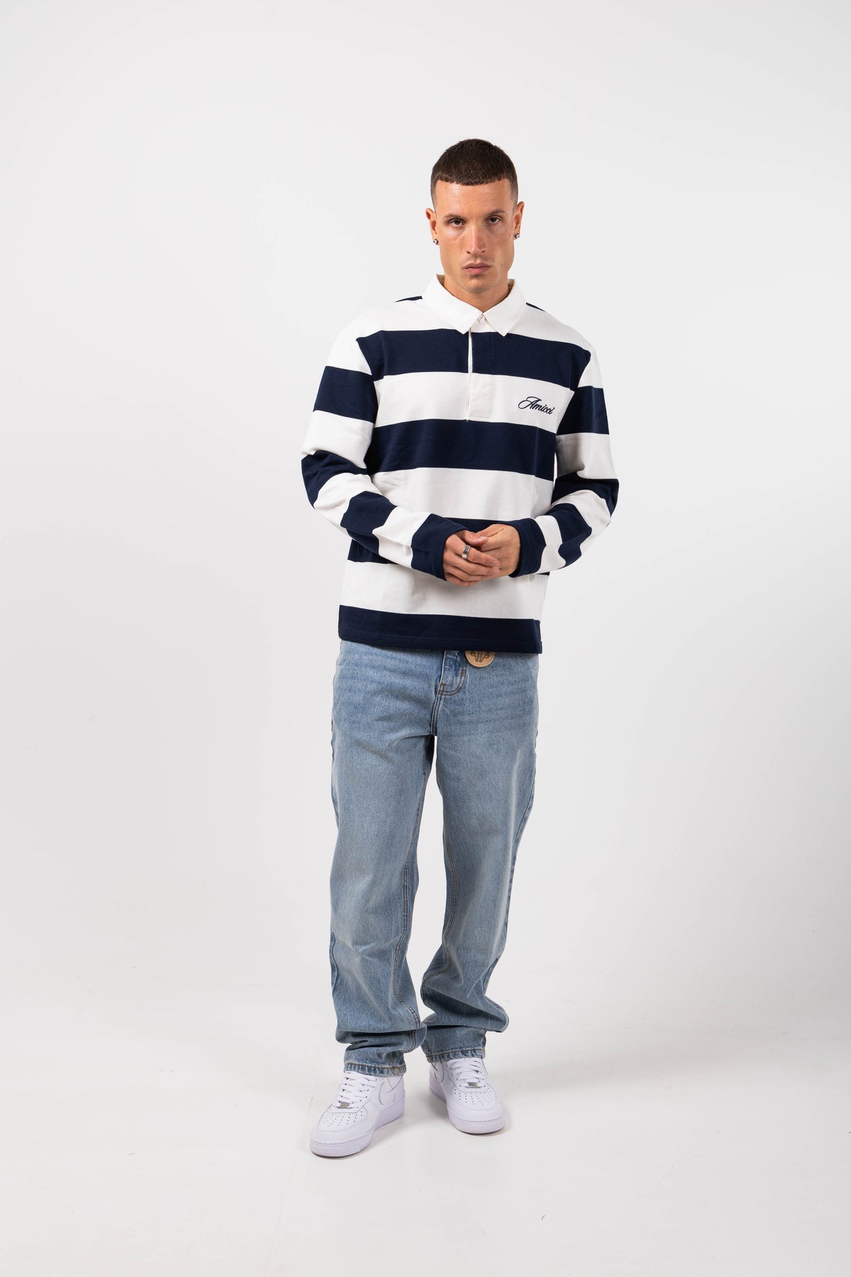 Amore Navy Striped Rugby Polo