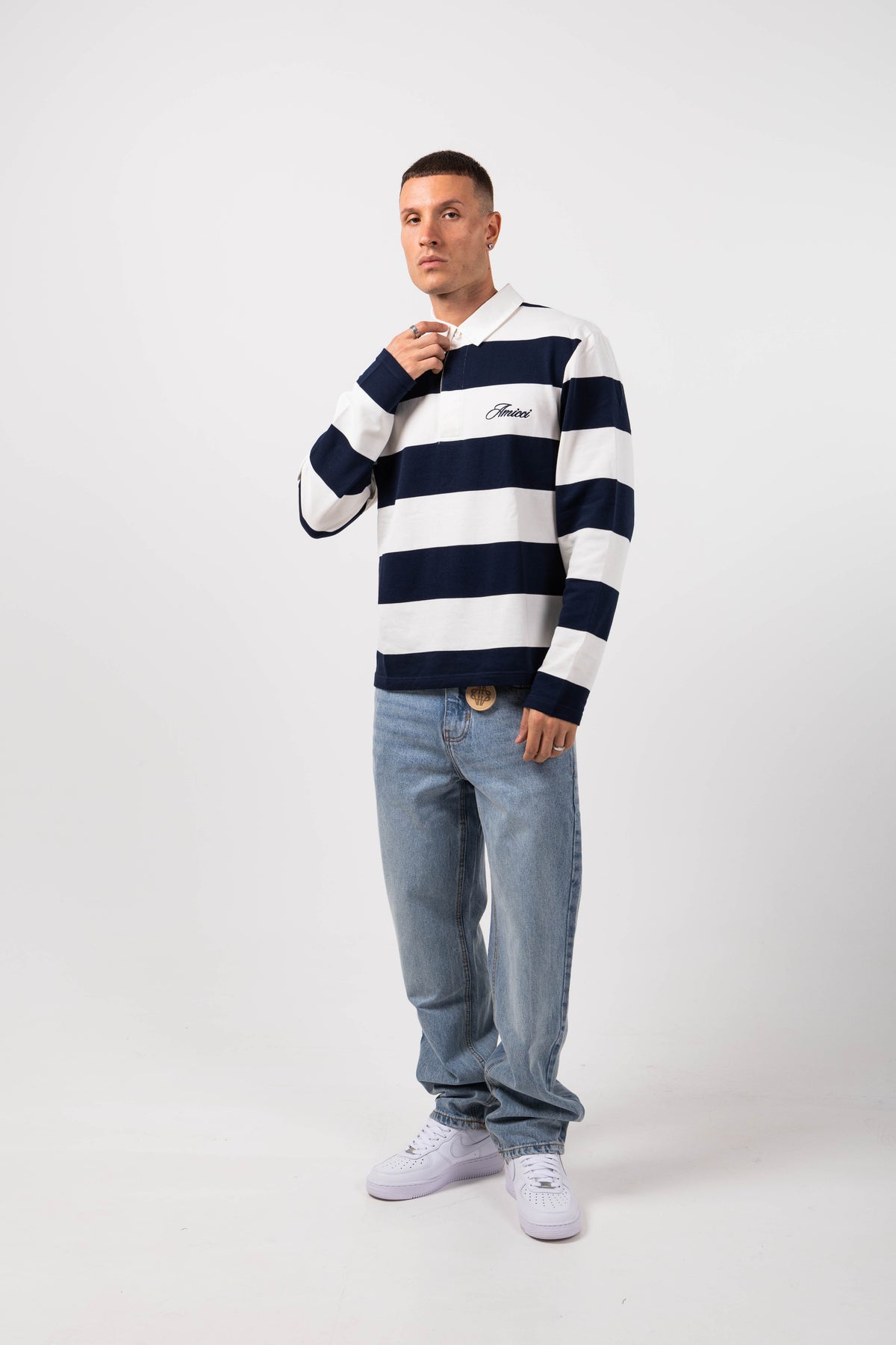 Amore Navy Striped Rugby Polo