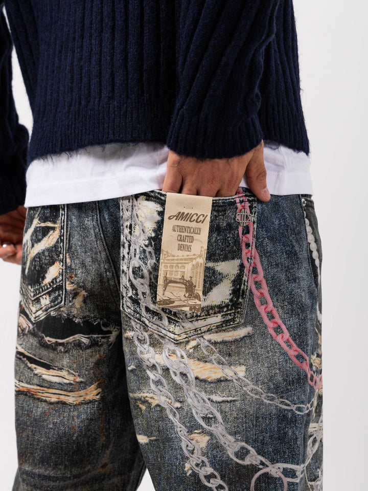 Mauro Blue Printed Baggy Denim