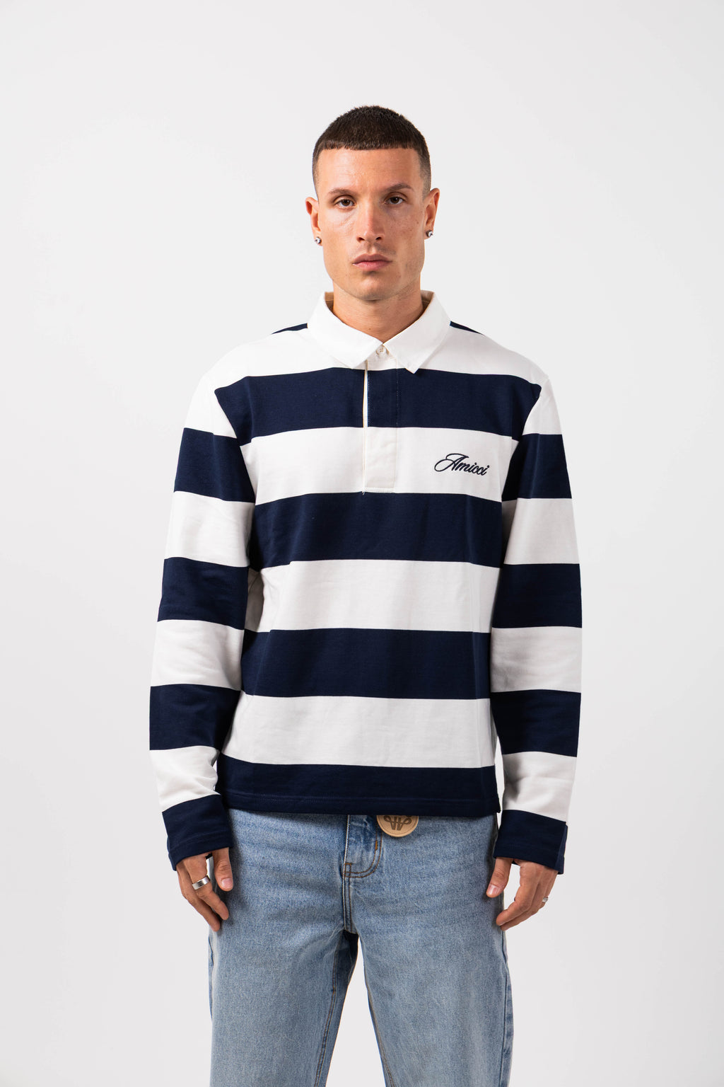 Amore Navy Striped Rugby Polo