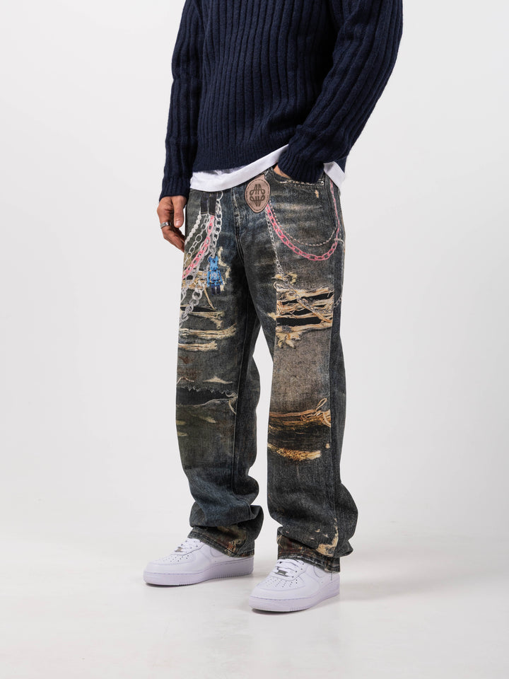 Mauro Blue Printed Baggy Denim