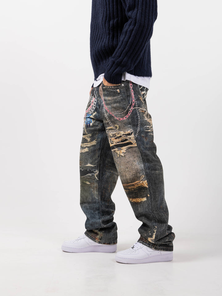 Mauro Blue Printed Baggy Denim