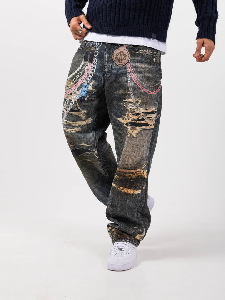 Mauro Blue Printed Baggy Denim
