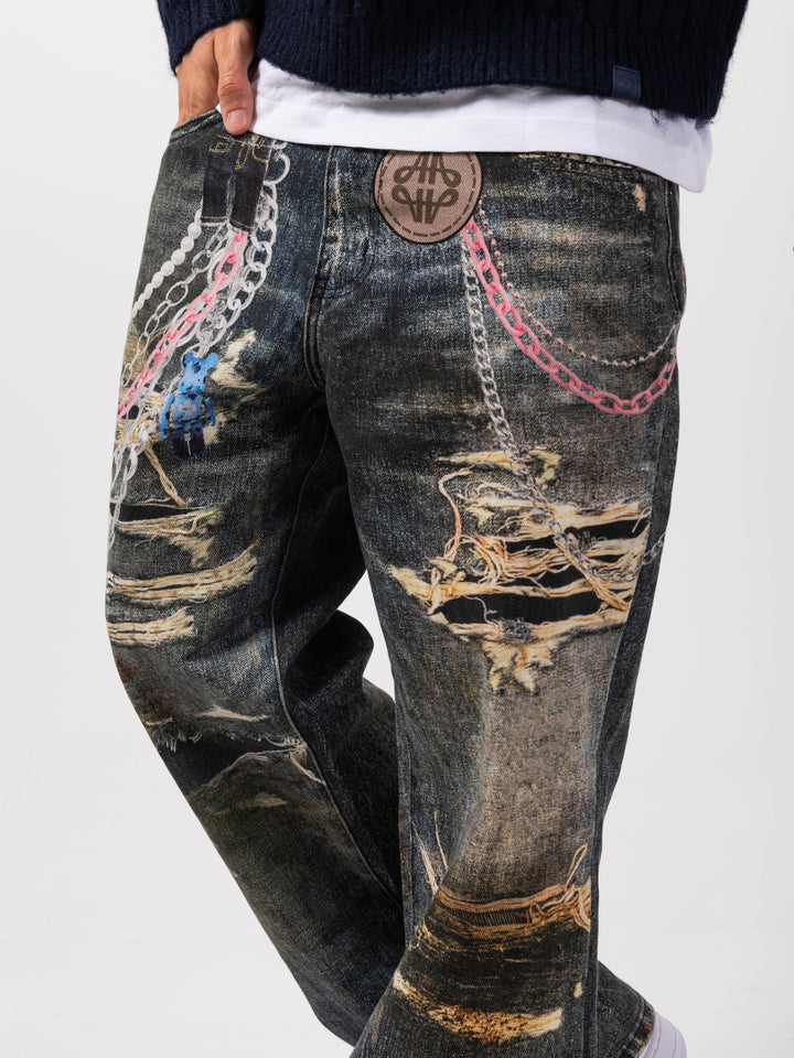 Mauro Blue Printed Baggy Denim