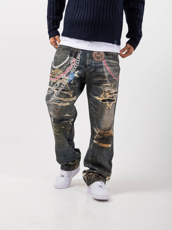 Mauro Blue Printed Baggy Denim