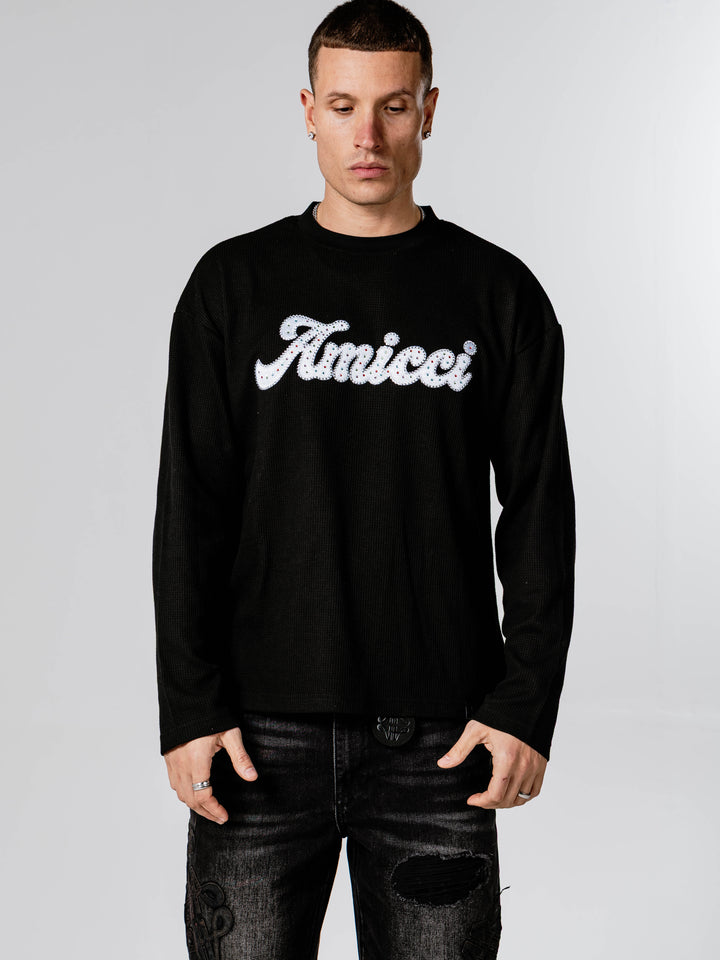 Celia Pearl Black Waffle Longsleeve T Shirt